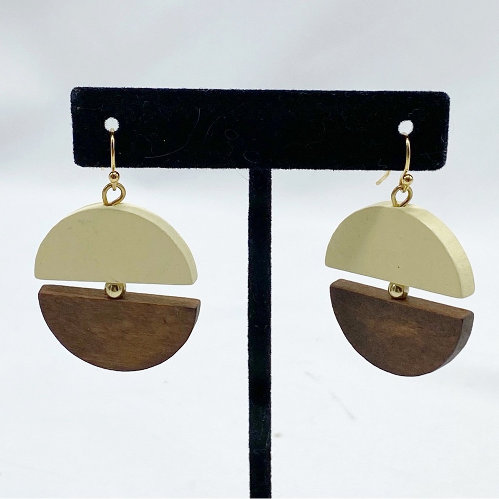 Vintage Wood Two Tone Circle Dangle Earrings